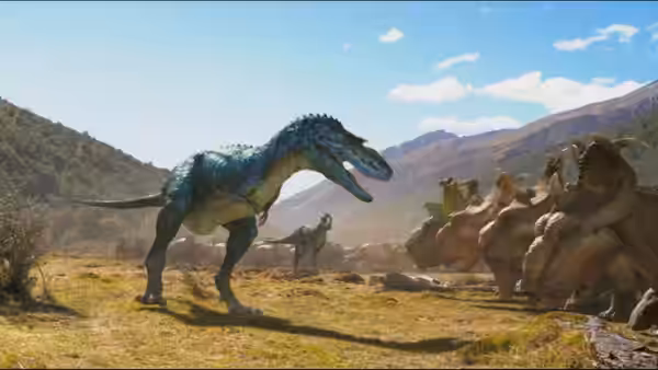 A blue theropod faces a herd of horned dinosaurs in a mountain valley