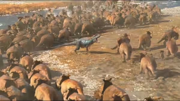 A blue theropod moves through a large herd crossing a dry riverbed