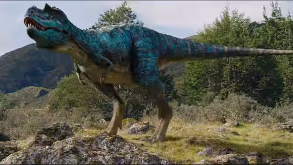 A blue theropod roars on a rocky hillside