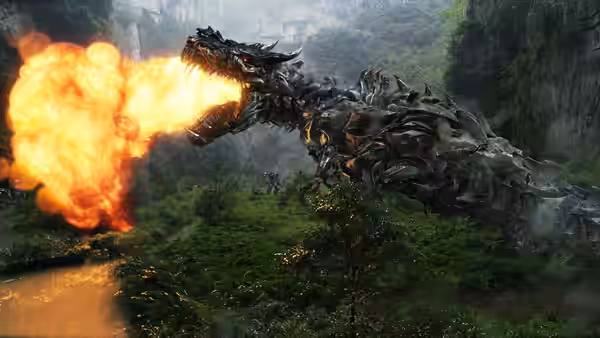 A spiked mechanical creature breathes fire across a forested ravine