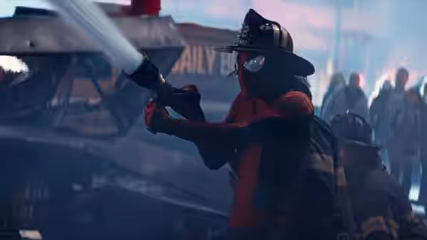 Spider-Man (Andrew Garfield), wearing a firefighter helmet, aims a hose amid smoke