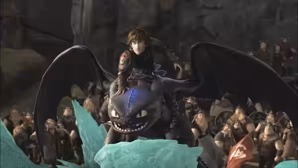 Hiccup rides Toothless through a crowded village gathering