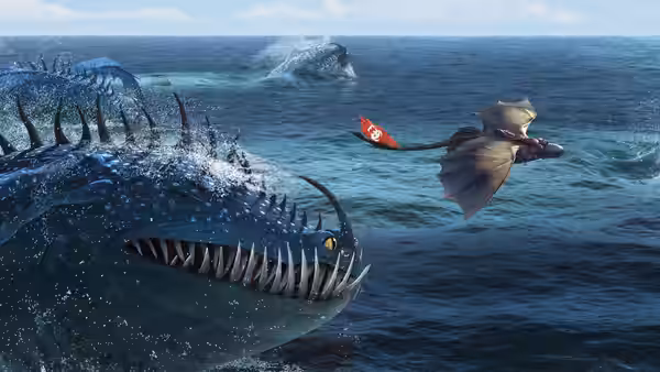 A rider on a flying dragon flees a giant sea creature surfacing behind them