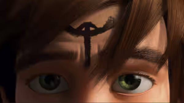 Hiccup's eyes fill the frame beneath a dark symbol painted on his forehead
