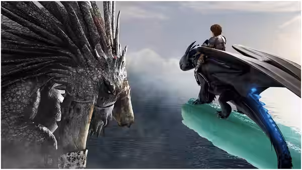 Hiccup rides Toothless over the sea as a massive tusked dragon watches