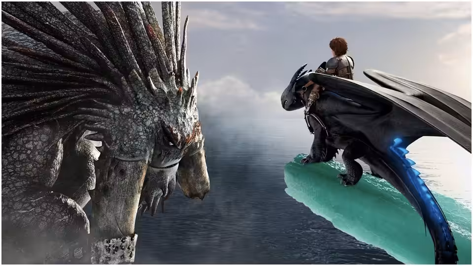 Hiccup rides Toothless over the sea as a massive tusked dragon watches