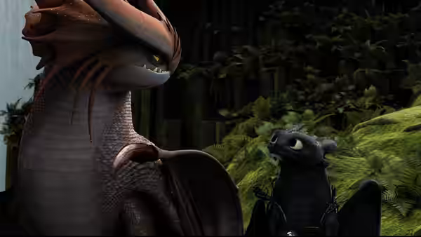 A red-brown dragon and Toothless face each other in a forest