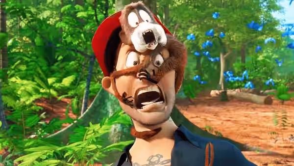 A forest worker grimaces as a small animal clings to his face