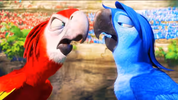A red macaw and a blue macaw confront each other in a stadium