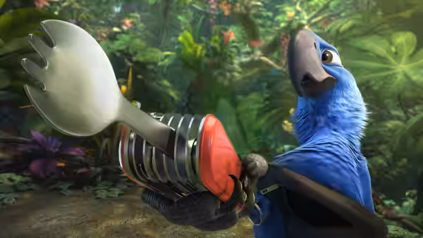 Blu grips a large mechanical tool in the jungle