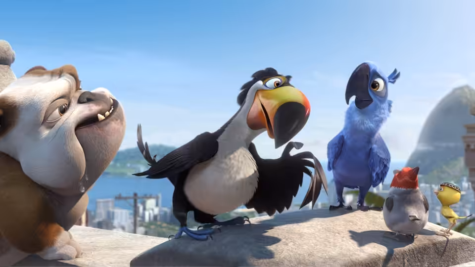 Blu and Jewel stand with other birds on a rooftop overlooking Rio