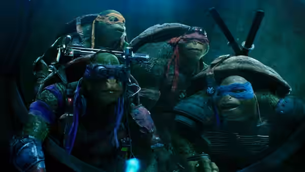 The four Turtles peer together through a circular opening underground