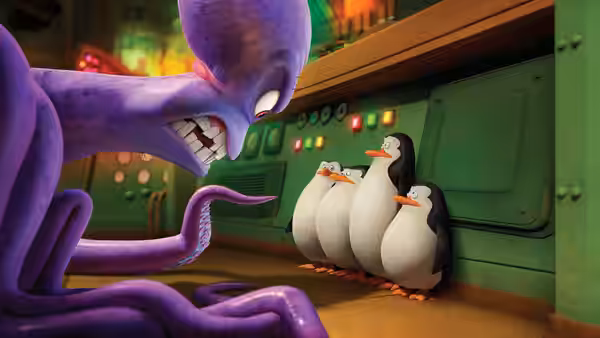 Dave looms over four penguins in a brightly lit control room