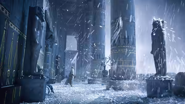 A figure stands among towering columns as hail falls through an Egyptian temple courtyard