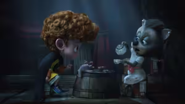Dennis watches a tiny creature on a barrel as Wanda holds a teacup