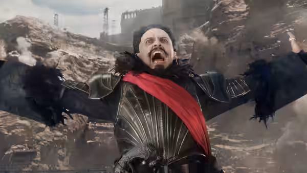 Blackbeard (Hugh Jackman) throws his arms wide among rocky ruins