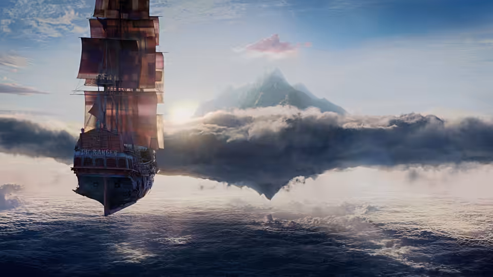 A sailing ship flies above the clouds toward a distant mountain