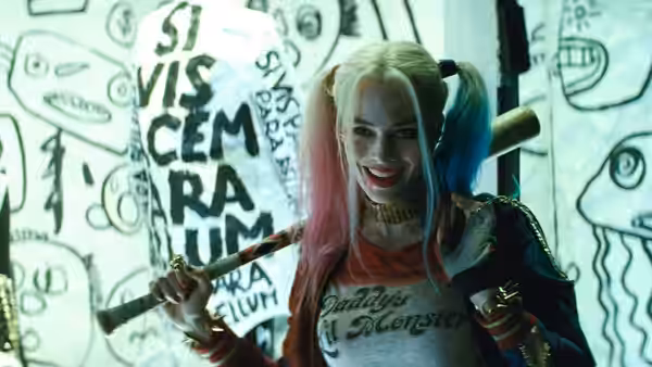 Harley Quinn (Margot Robbie) carries a bat beside a wall covered in graffiti