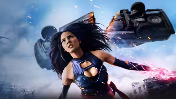 A woman extends a glowing purple blade as an overturned vehicle flies behind her
