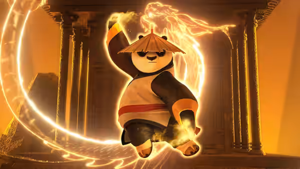 Po raises an arm as golden energy swirls around him in a temple