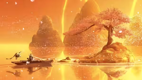 A small boat carrying two figures approaches a glowing island beneath a golden sky