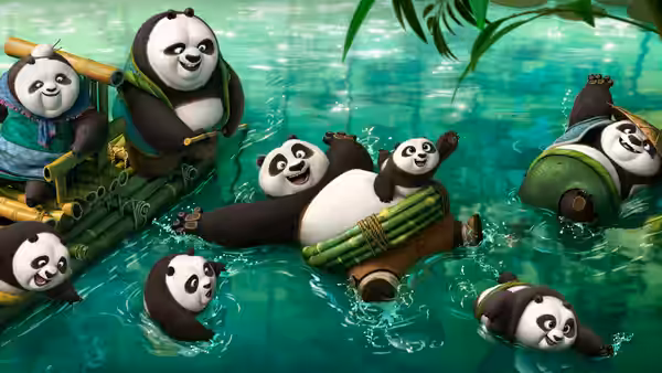 Po and the panda villagers float down a river in bamboo rafts