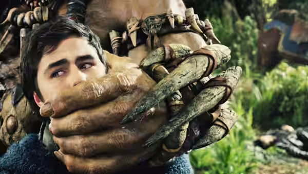 An orc warrior restrains a human man with a large hand in a forest