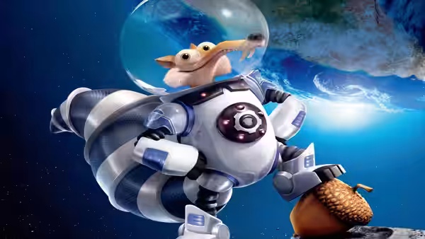 Scrat pilots a bulky spacesuit through space while clutching an acorn