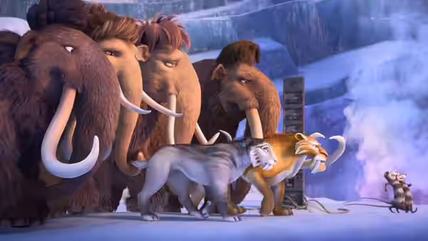 Mammoths and saber-toothed cats face a small creature across the icy cavern