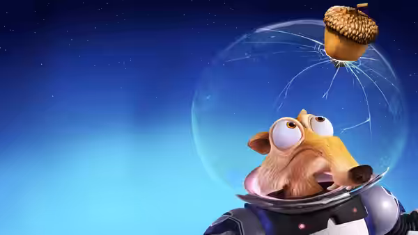 Scrat floats in a spacesuit, reaching toward an acorn above him