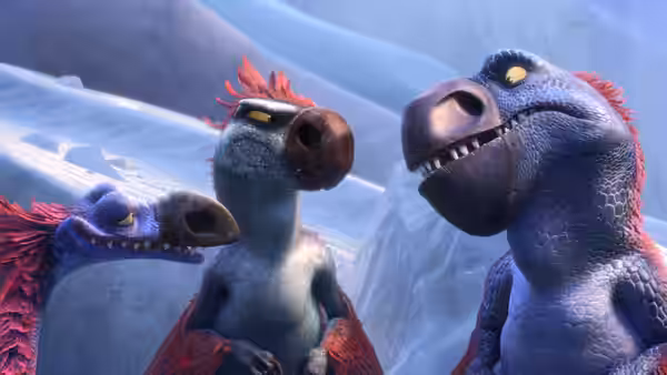 Three feather-crested dinosaurs stand together among snowy cliffs