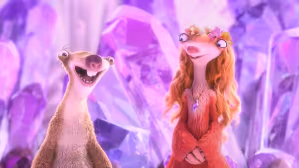 Sid (John Leguizamo) smiles beside Brooke (Jessie J) among glowing purple crystals
