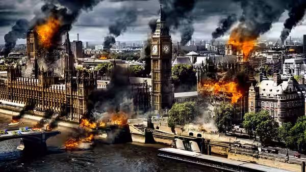 Smoke and flames rise over London’s Westminster buildings and the River Thames