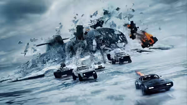 Cars race across an icy landscape as a helicopter crashes and debris erupts behind them