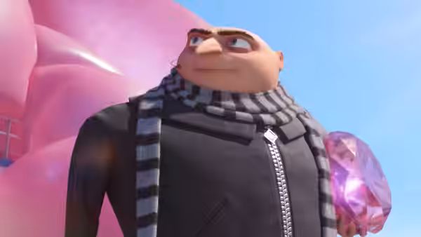 Gru stands before enormous pink shapes and a sparkling purple crystal