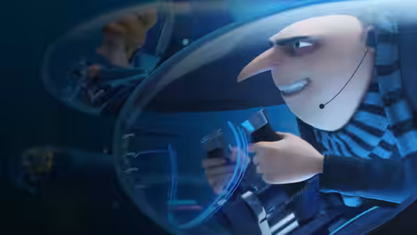 Gru and Lucy steer separate transparent vehicles through a dark underwater passage