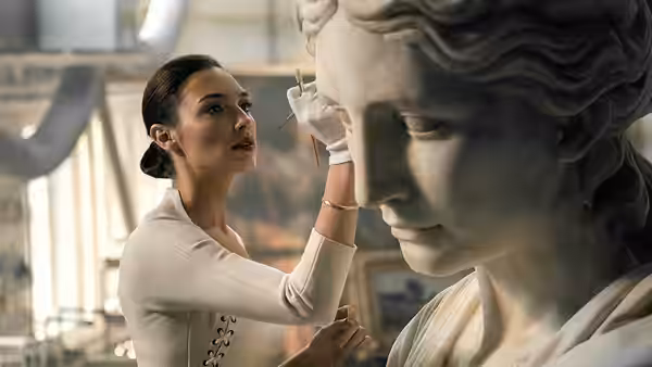 Diana Prince examines a marble statue in a bright museum gallery
