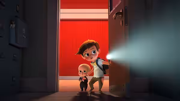 Tim and Boss Baby peer through an open doorway into a red-lit room