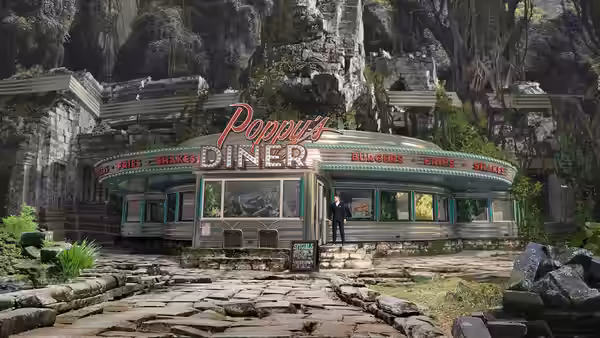 A lone figure stands outside Poppy's Diner, surrounded by overgrown stone ruins