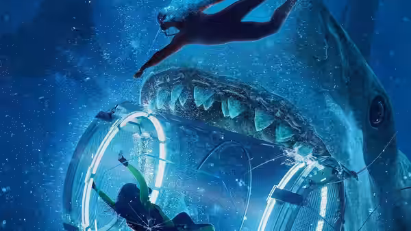 Divers shelter in an underwater cage as a megalodon bears down on them
