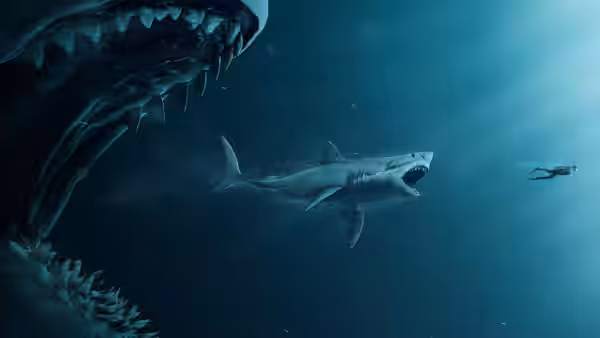 A diver swims near two enormous sharks in the deep ocean