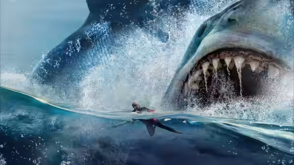 Jonas Taylor (Jason Statham) swims at the surface as a megalodon lunges behind him