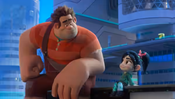 Ralph sits beside Vanellope on a bench in the internet city