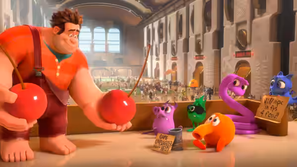 Ralph offers giant cherries to colorful animated characters in a busy market