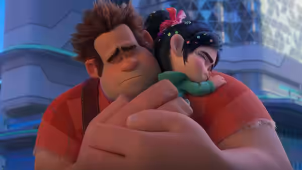 Ralph embraces Vanellope as she rests her head against his shoulder