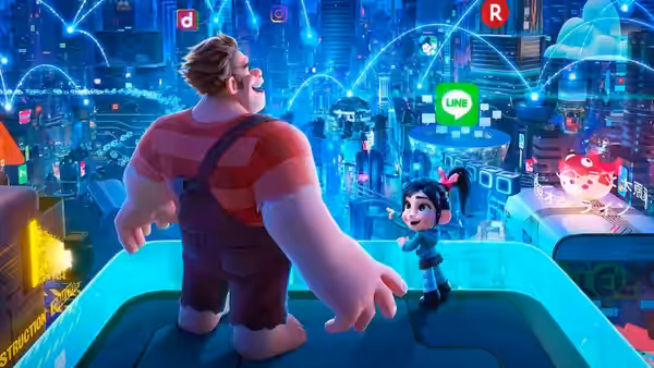 Ralph and Vanellope overlook the glowing, sprawling internet from a rooftop