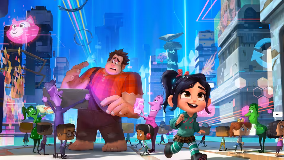 Ralph (John C. Reilly) and Vanellope (Sarah Silverman) run through a crowded, neon-lit internet city