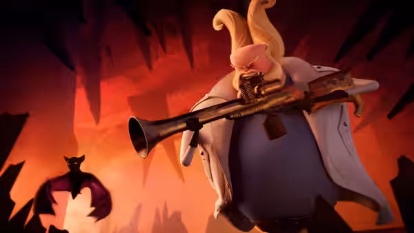 Professor Van Helsing (Jim Gaffigan) aims a horn-like weapon as a bat flies nearby
