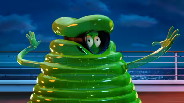 Griffin (David Spade) raises his arms, wrapped in a green inflatable pool float