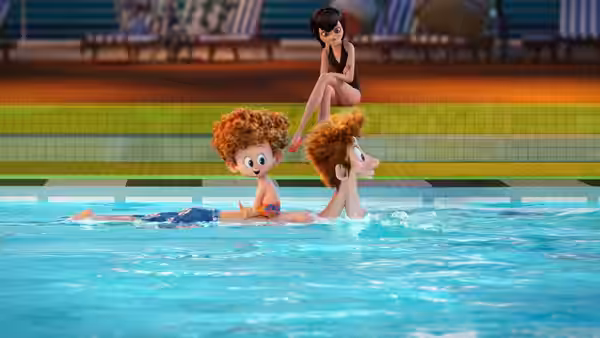 Dennis rides on Johnny’s shoulders in the pool as Mavis watches from the edge